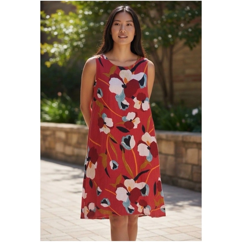 Sigrid Olsen Linen Blend Floral Red Tropical Sleeveless Shift Dress Resort Sz M
